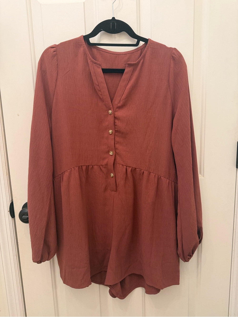 Women's Rust Long-Sleeve Peplum Button Romper